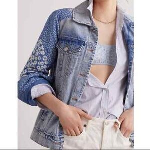 Avec Les Filles Anthropologie Denim Jacket with Floral Quilted Sleeves